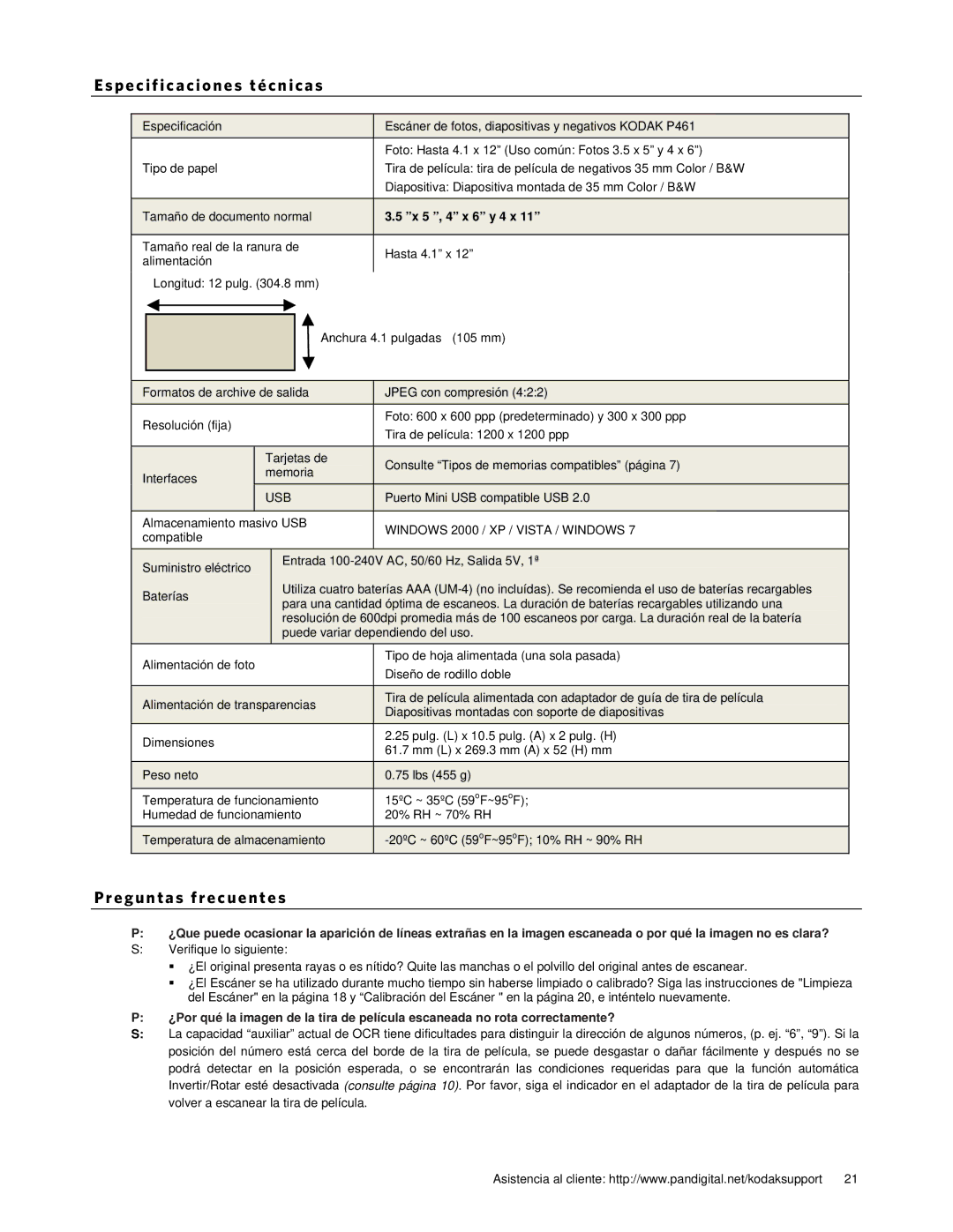 Kodak P461 manual Es pe ci f i ca ci one s t é cni ca s, Reguntas frecuentes, X 5 , 4 x 6 y 4 x 