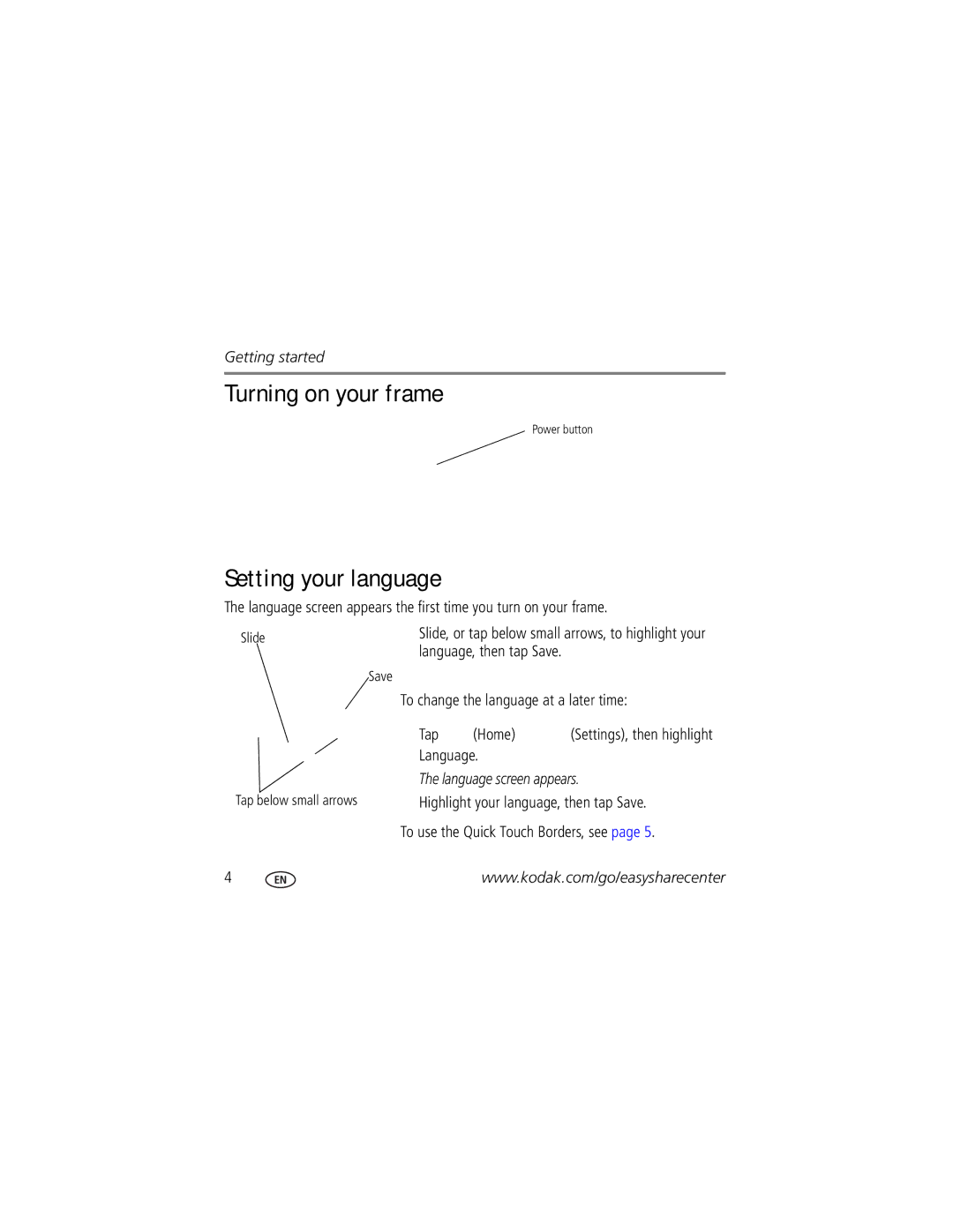 Kodak P725, P520, P820 manual Turning on your frame, Setting your language 