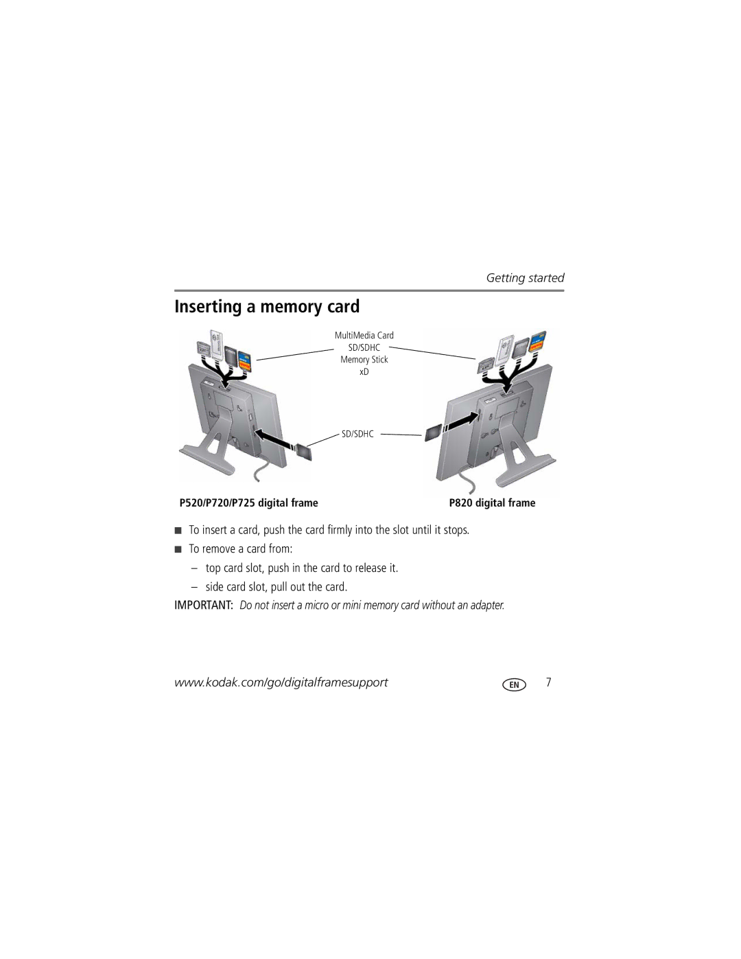 Kodak P725, P520, P820 manual Inserting a memory card 