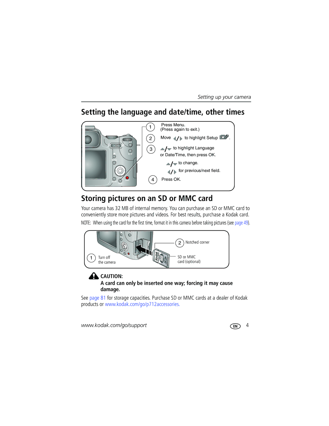 Kodak P712 manual Setting the language and date/time, other times, Storing pictures on an SD or MMC card 