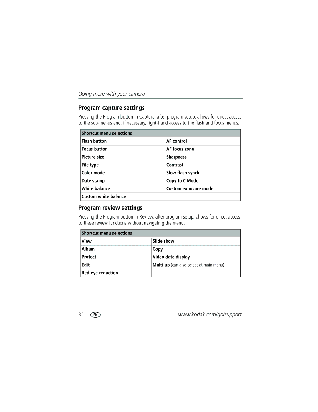 Kodak P712 manual Program capture settings, Program review settings 