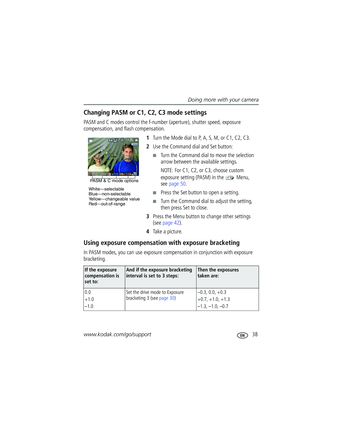 Kodak P712 manual Changing Pasm or C1, C2, C3 mode settings, Using exposure compensation with exposure bracketing 