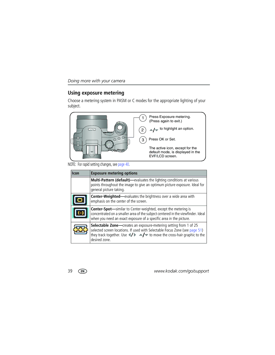 Kodak P712 manual Using exposure metering, Icon Exposure metering options, General picture taking, They track together. Use 