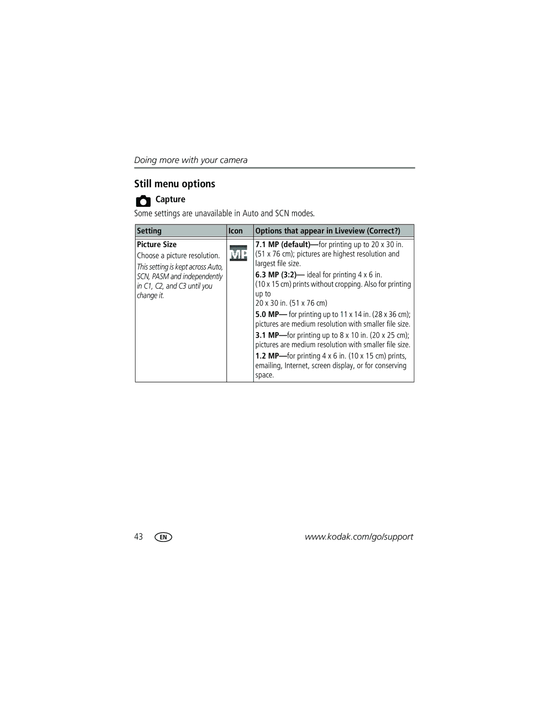 Kodak P712 manual Still menu options, Capture, Some settings are unavailable in Auto and SCN modes 