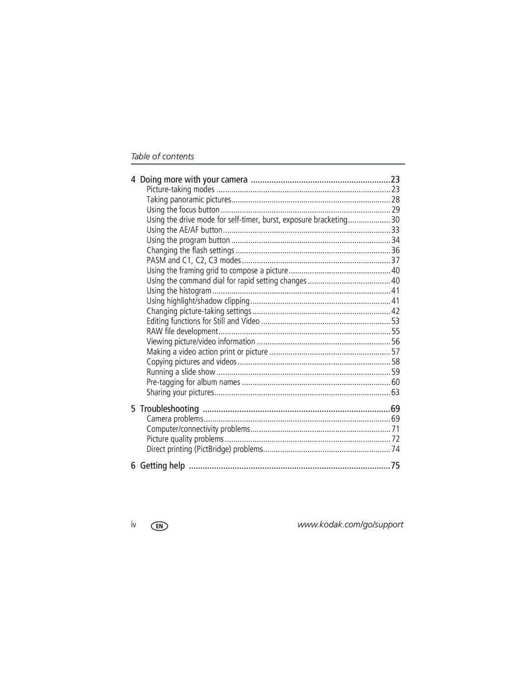 Kodak P712 manual Table of contents 