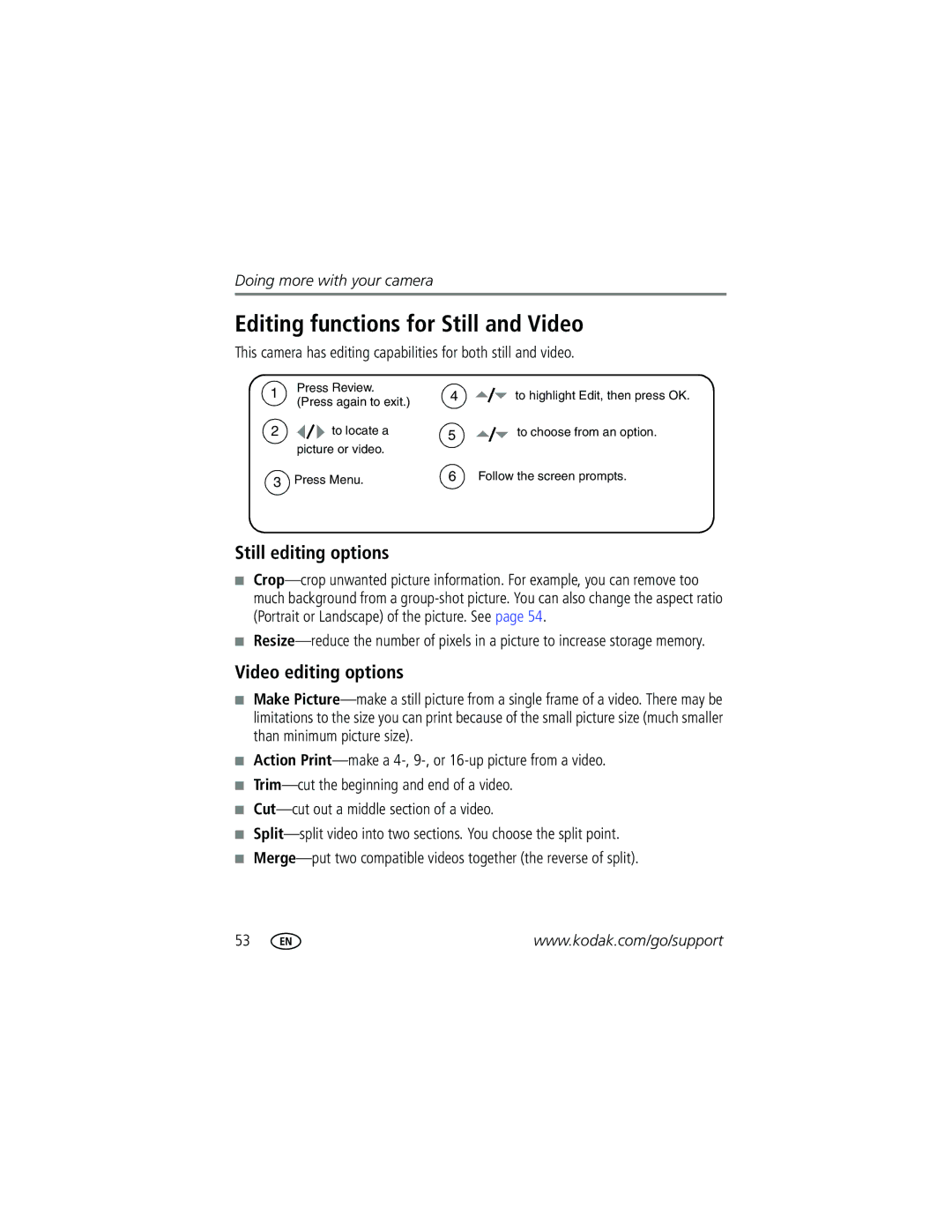 Kodak P712 manual Editing functions for Still and Video, Still editing options, Video editing options 