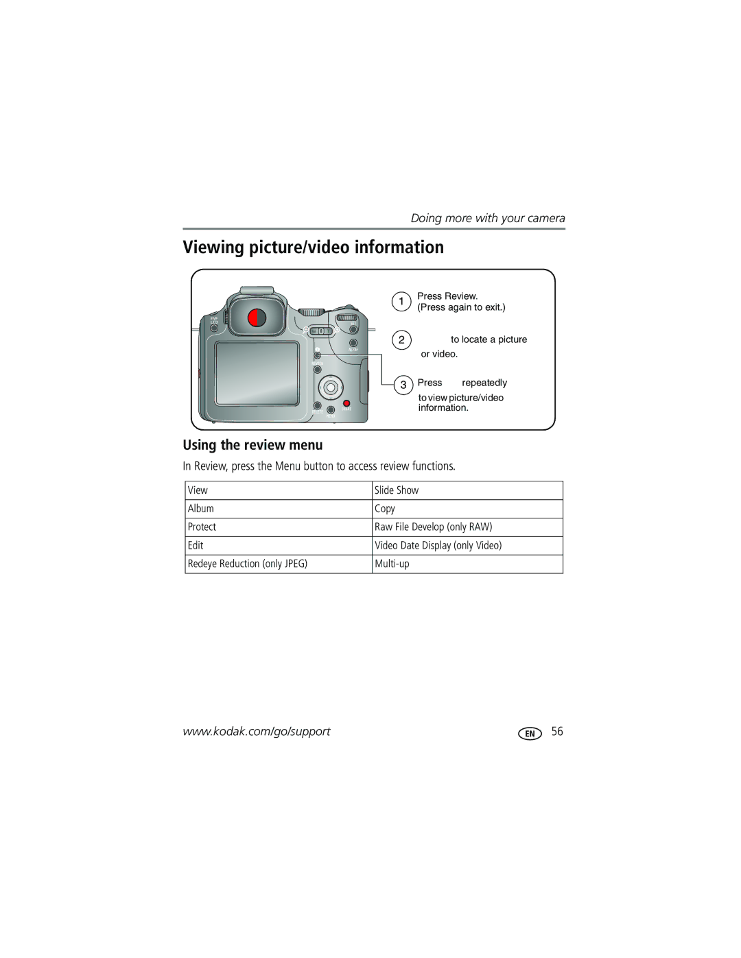 Kodak P712 manual Viewing picture/video information, Using the review menu 