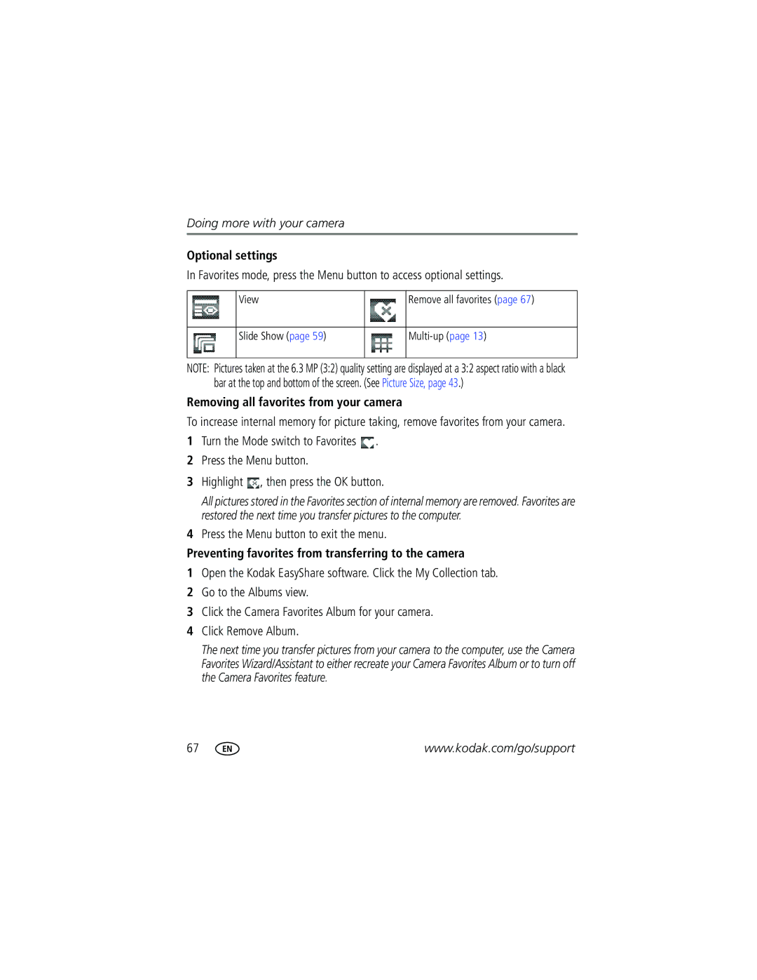 Kodak P712 manual Optional settings, Removing all favorites from your camera, View Remove all favorites Slide Show Multi-up 