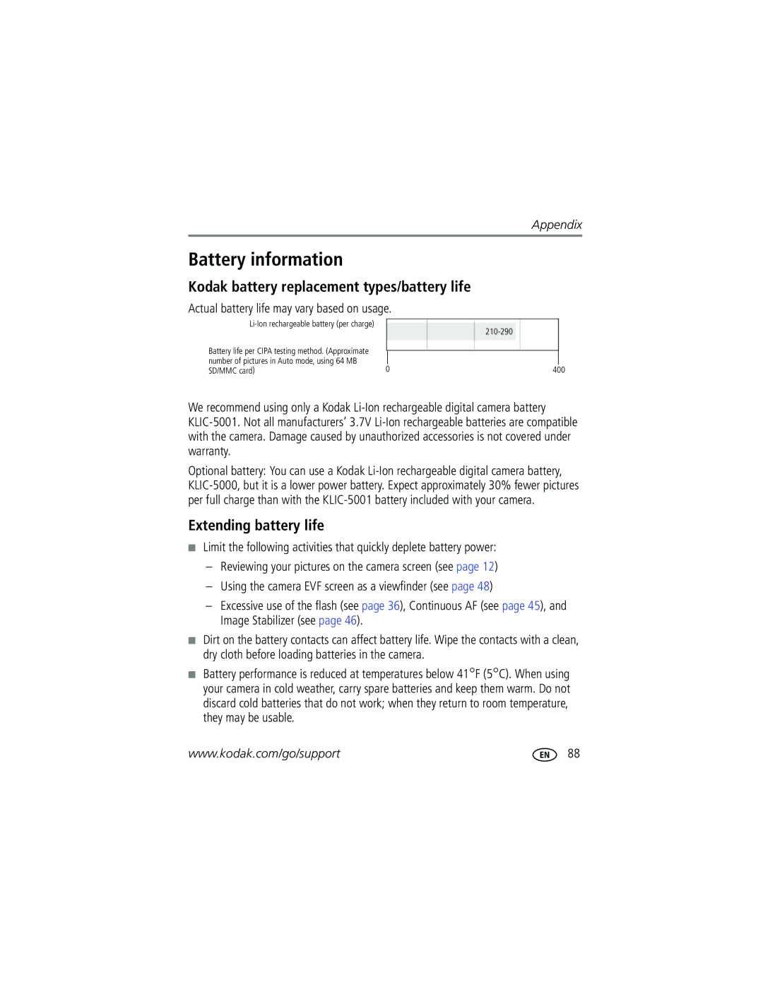 Kodak P712 manual Battery information, Kodak battery replacement types/battery life, Extending battery life 