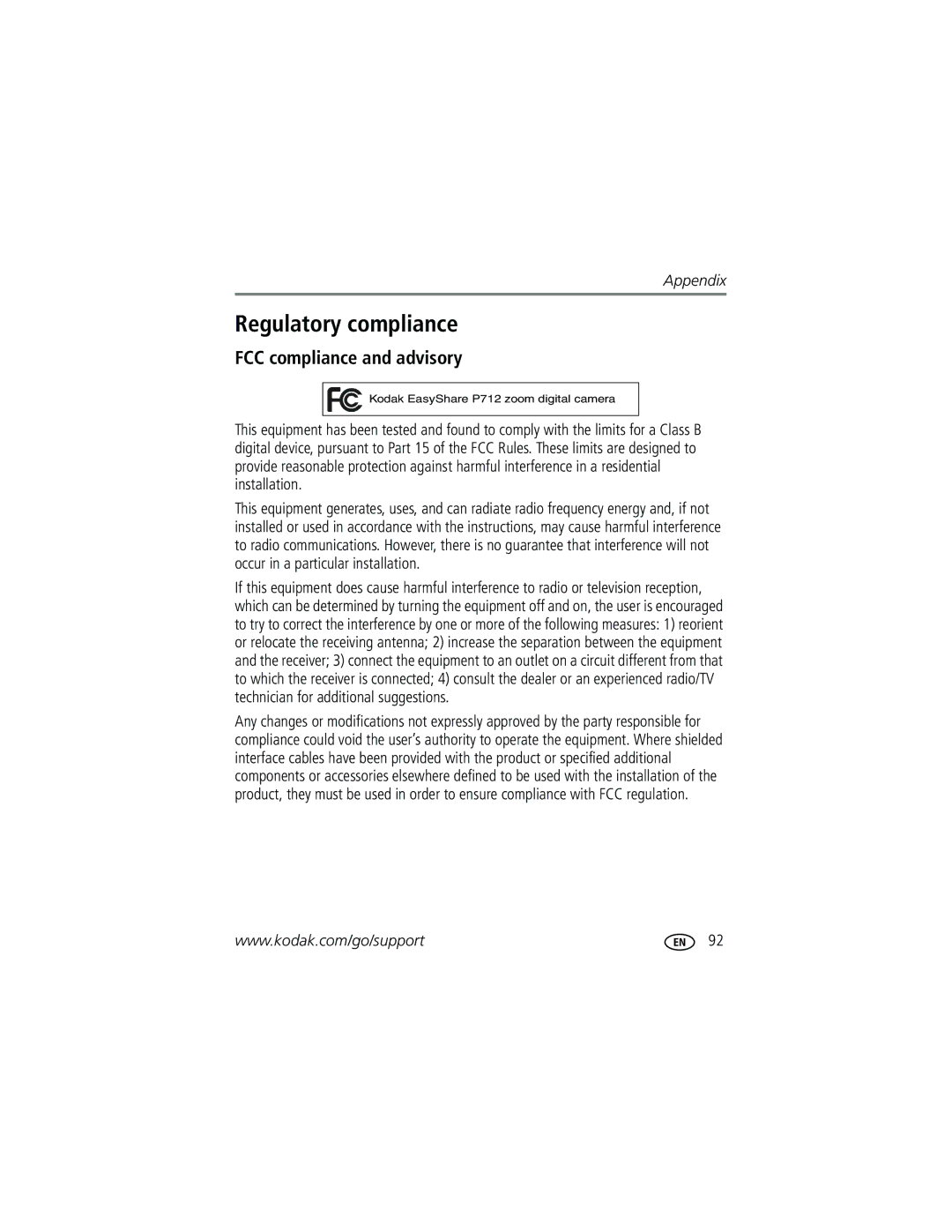 Kodak P712 manual Regulatory compliance, FCC compliance and advisory 