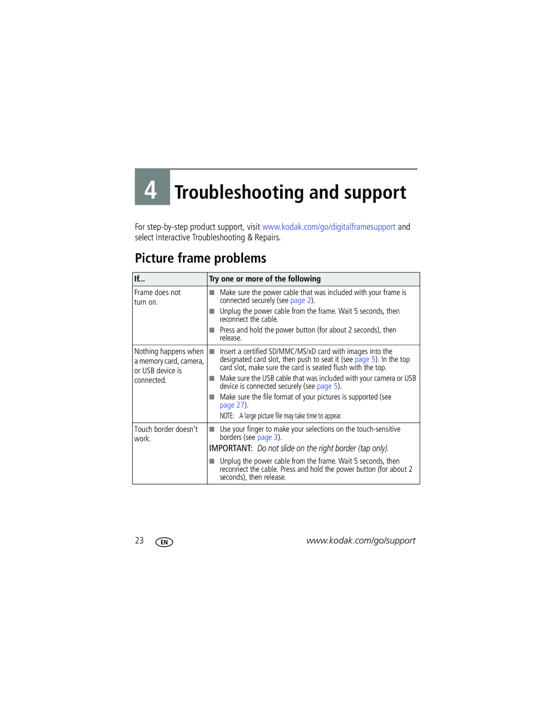 Kodak P720 manual Troubleshooting and support, Picture frame problems 