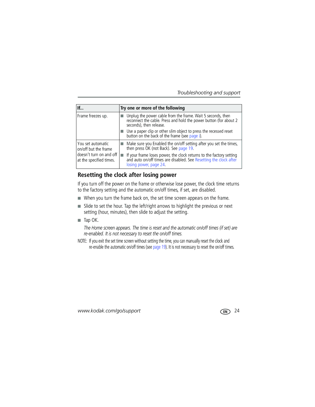 Kodak P720 manual Resetting the clock after losing power, Troubleshooting and support 