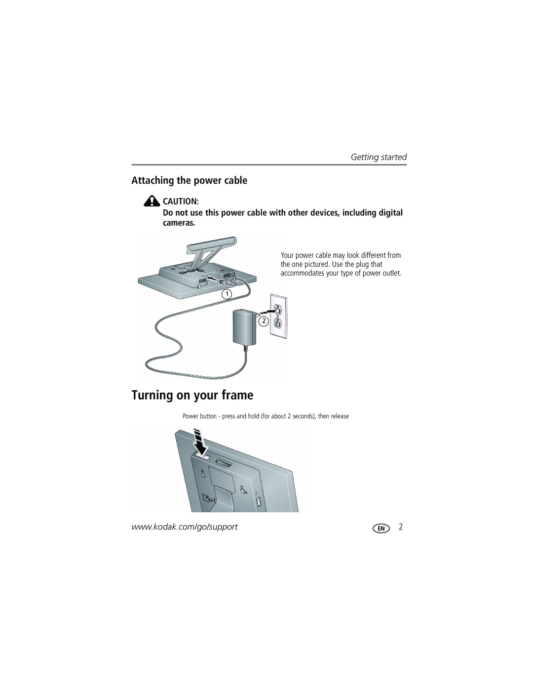 Kodak P720 manual Turning on your frame, Attaching the power cable 