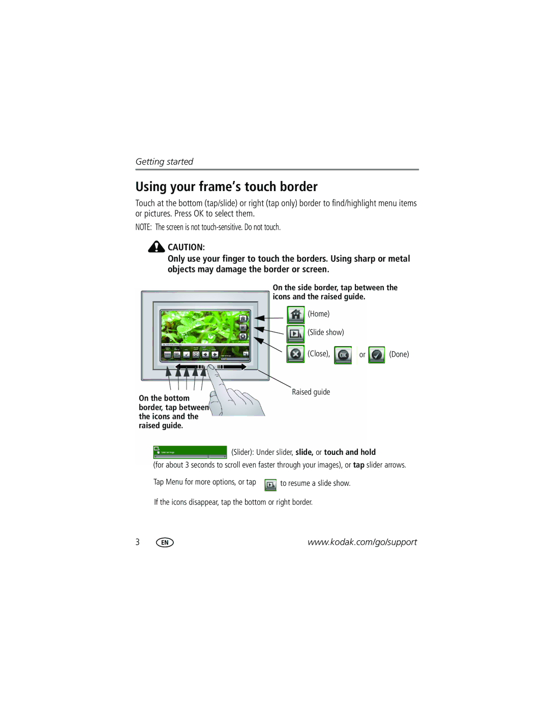 Kodak P720 manual Using your frame’s touch border 