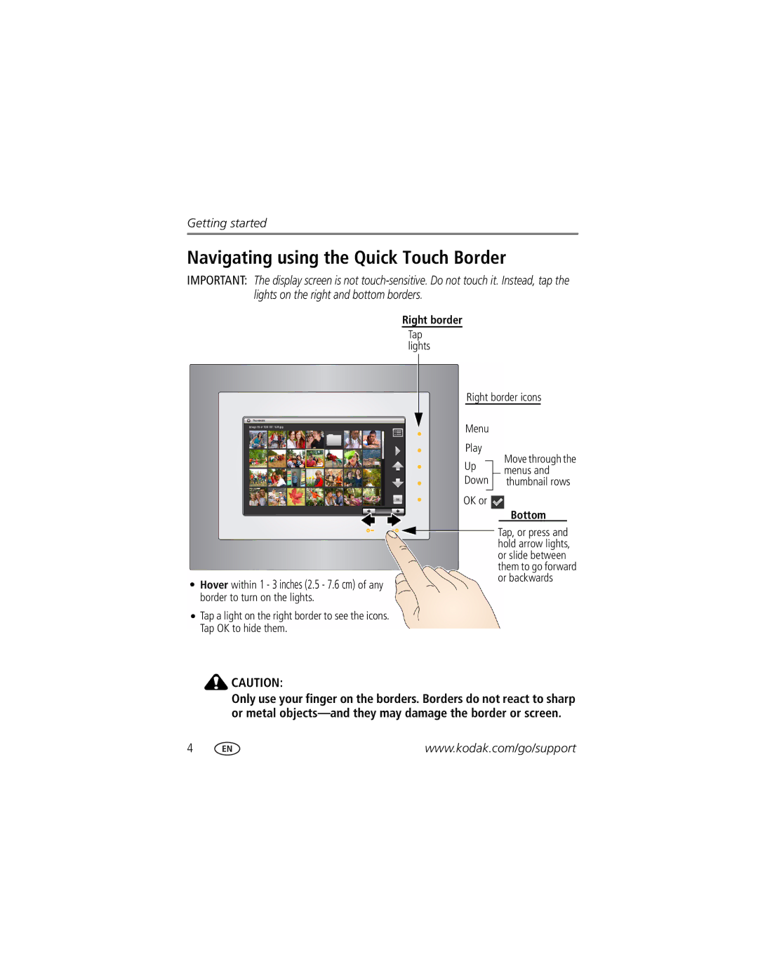 Kodak P730M, P736 manual Navigating using the Quick Touch Border, Right border, Bottom 