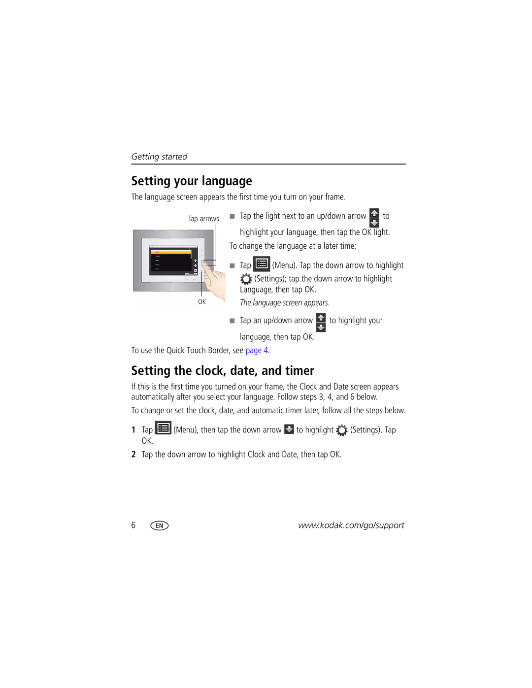 Kodak P730M, P736 manual Setting your language, Setting the clock, date, and timer 