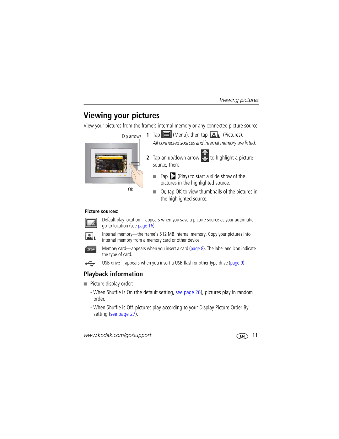 Kodak P736, P730M manual Viewing your pictures, Playback information, Tap Menu, then tap Pictures, Picture sources 