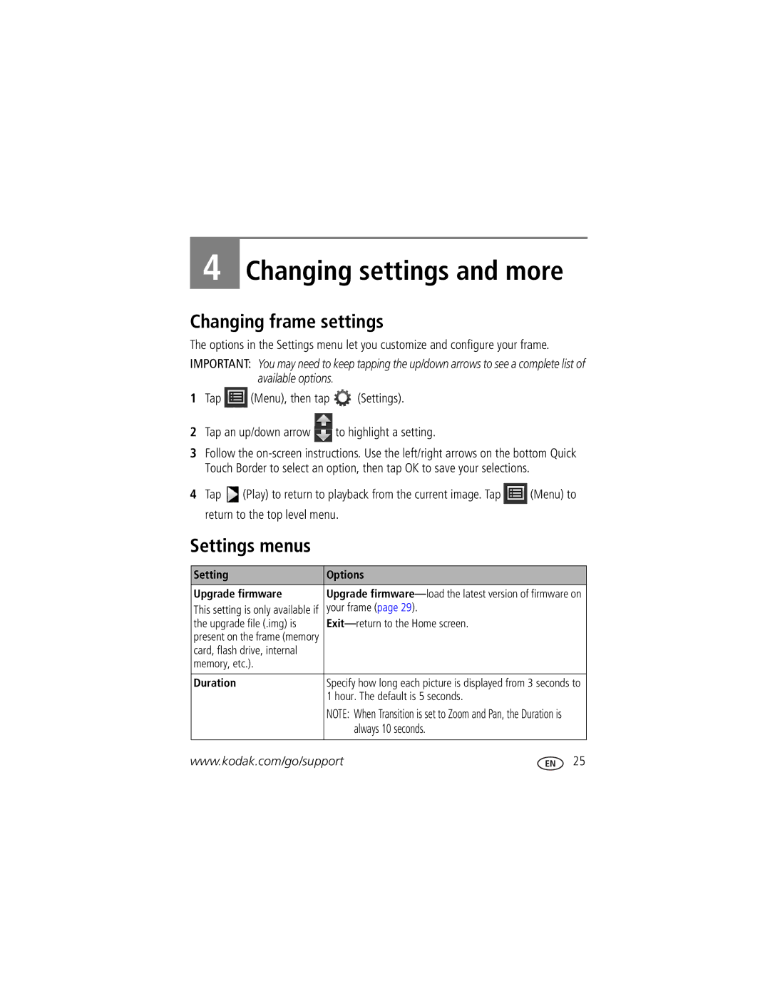 Kodak P736, P730M Changing frame settings, Settings menus, Always 10 seconds, Setting Options Upgrade firmware, Duration 