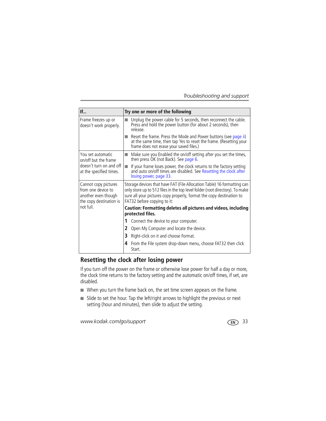 Kodak P736, P730M manual Resetting the clock after losing power, Protected files 