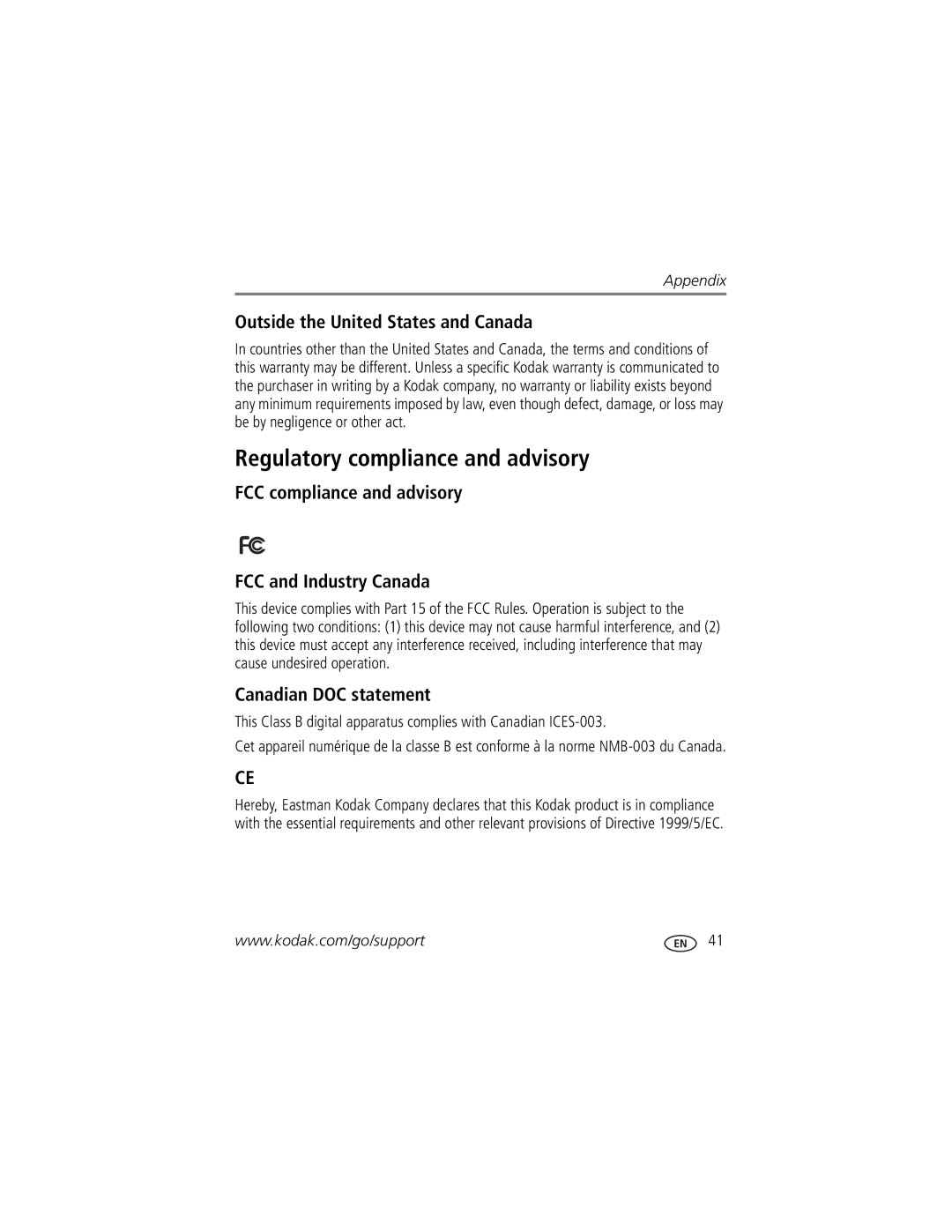 Kodak P736, P730M manual Regulatory compliance and advisory, Outside the United States and Canada, Canadian DOC statement 