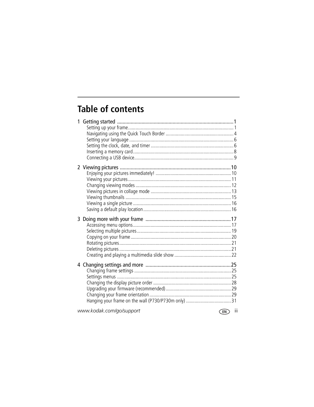 Kodak P736, P730M manual Table of contents 