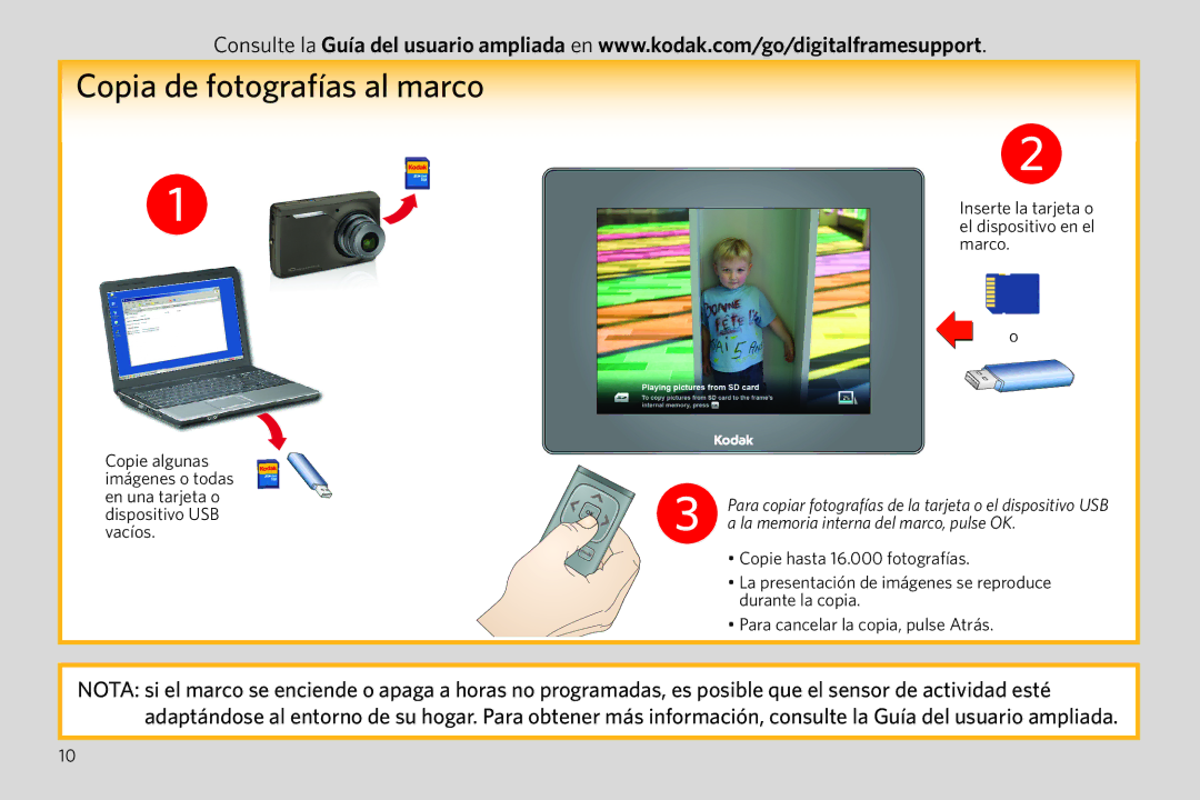 Kodak P750 manual Copia de fotografías al marco, Inserte la tarjeta o el dispositivo en el marco 