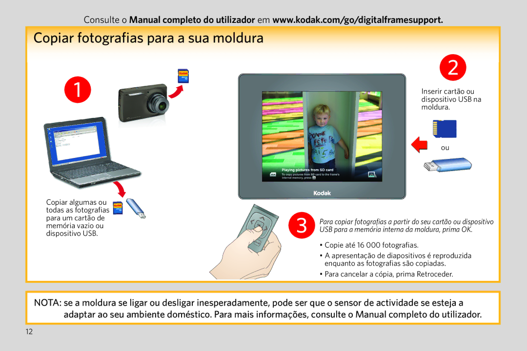 Kodak P750 manual Copiar fotografias para a sua moldura, Inserir cartão ou dispositivo USB na moldura 