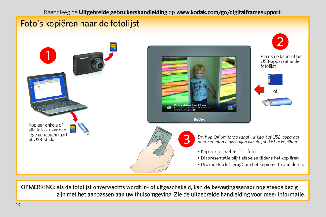 Kodak P750 manual Fotos kopiëren naar de fotolijst, Plaats de kaart of het USB-apparaat in de fotolijst 