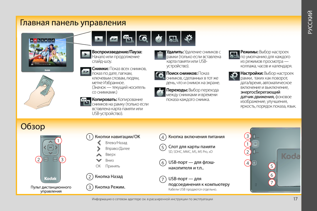 Kodak P750 manual Главная панель управления, Русский, Воспроизведение/Пауза, Поиск снимков Показ, Копировать Копирование 