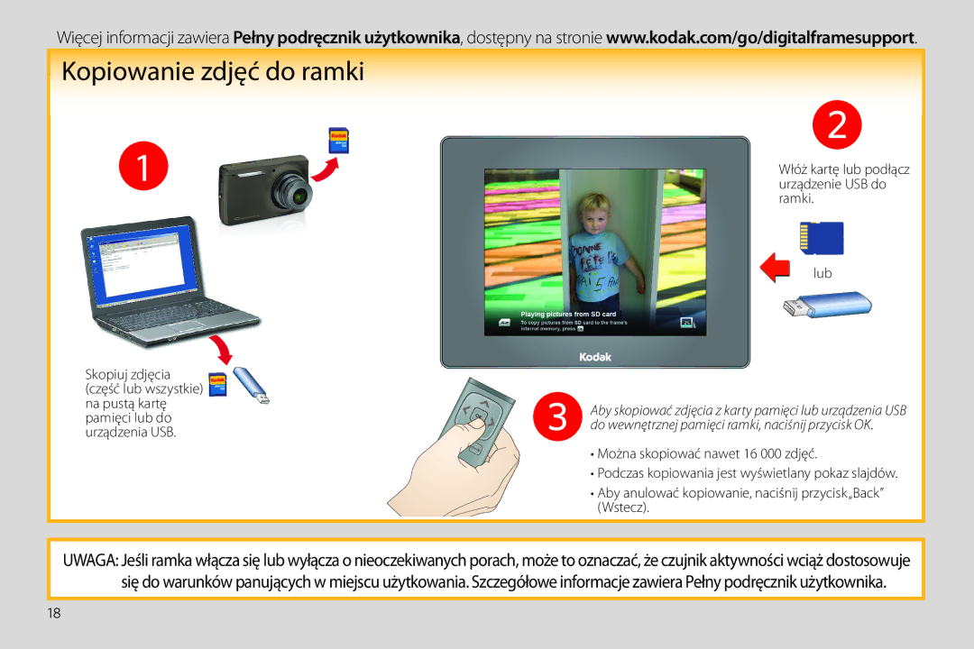 Kodak P750 manual Kopiowanie zdjęć do ramki, Włóż kartę lub podłącz urządzenie USB do ramki Lub 