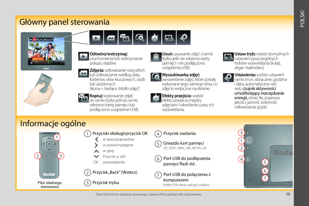 Kodak P750 manual Główny panel sterowania, Informacje ogólne, Polski 