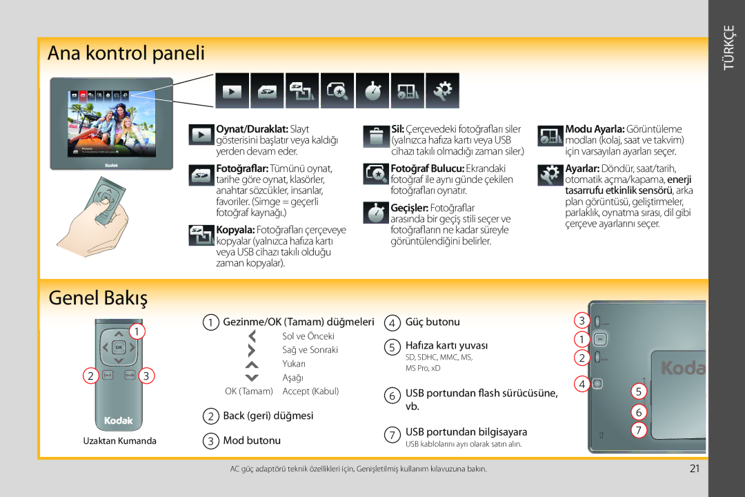 Kodak P750 manual Ana kontrol paneli, Genel Bakış, Türkçe 