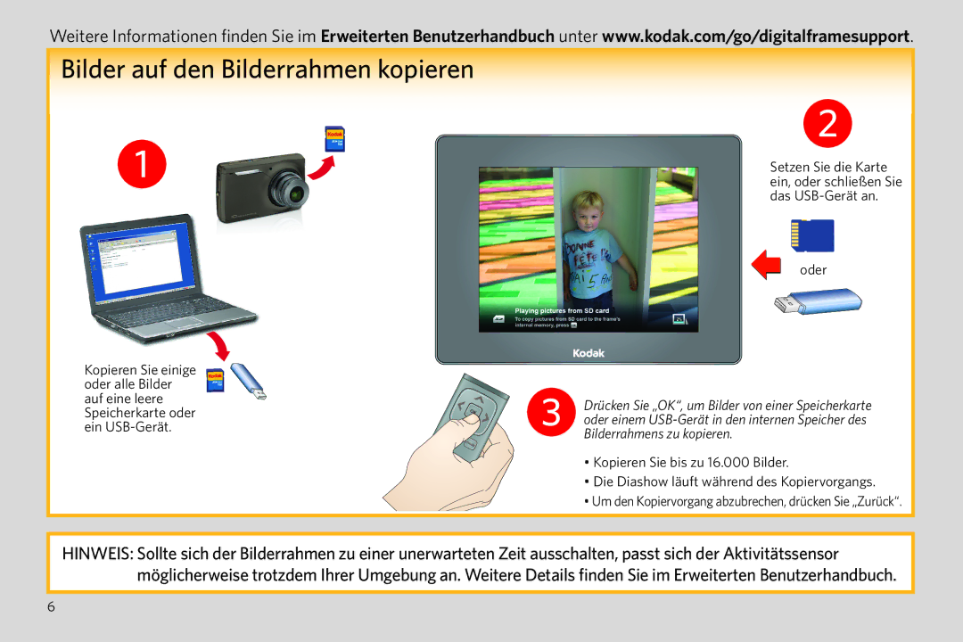 Kodak P750 manual Bilder auf den Bilderrahmen kopieren, Oder, Bilderrahmens zu kopieren 