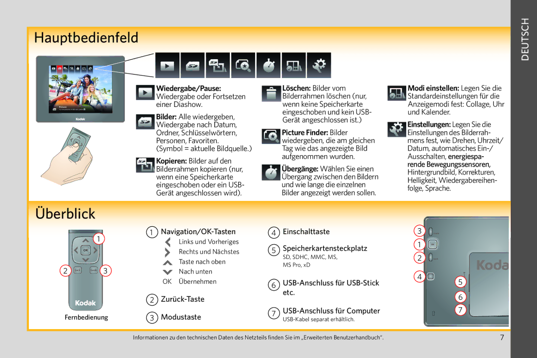 Kodak P750 manual Hauptbedienfeld, Überblick, Deutsch 