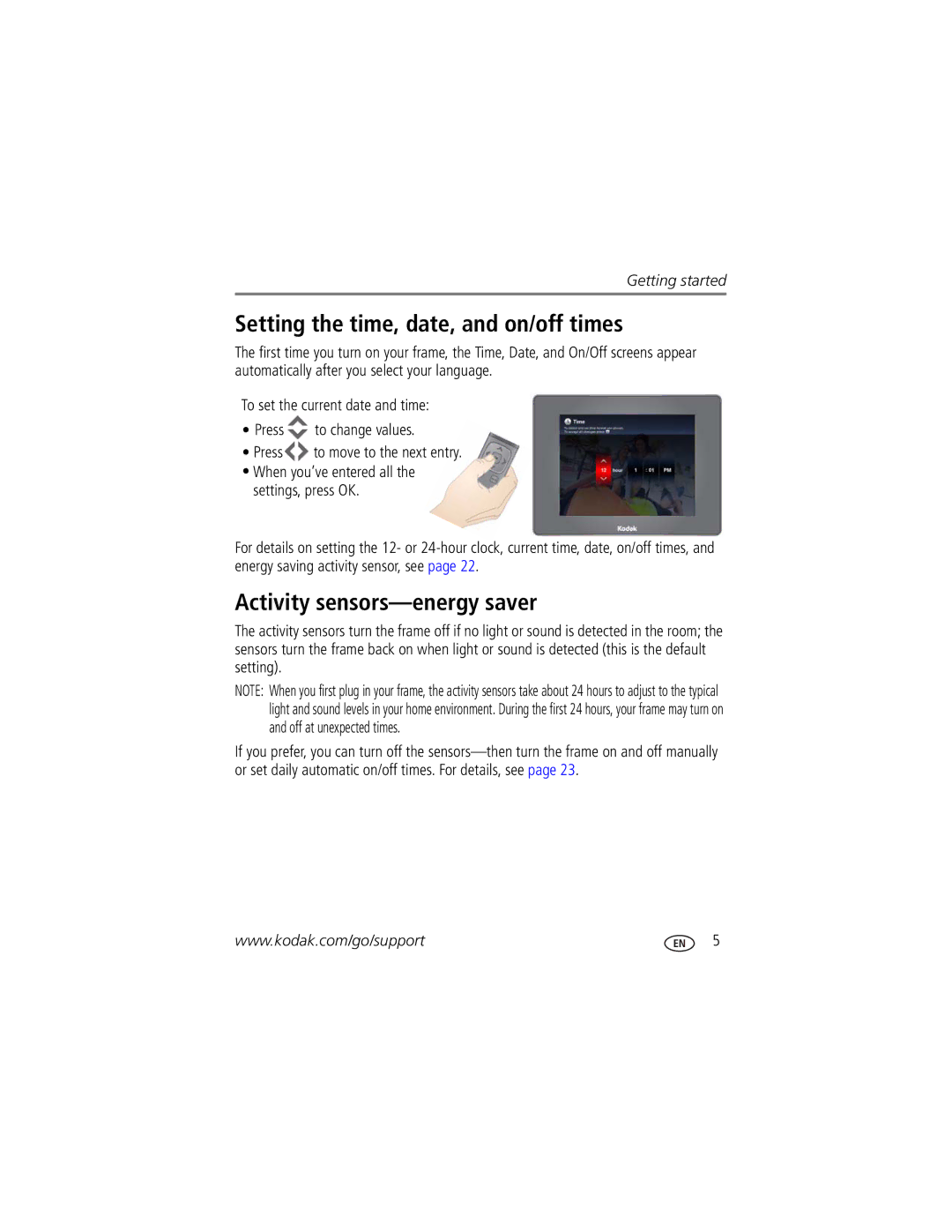 Kodak P750 Setting the time, date, and on/off times, Activity sensors-energy saver, To set the current date and time Press 