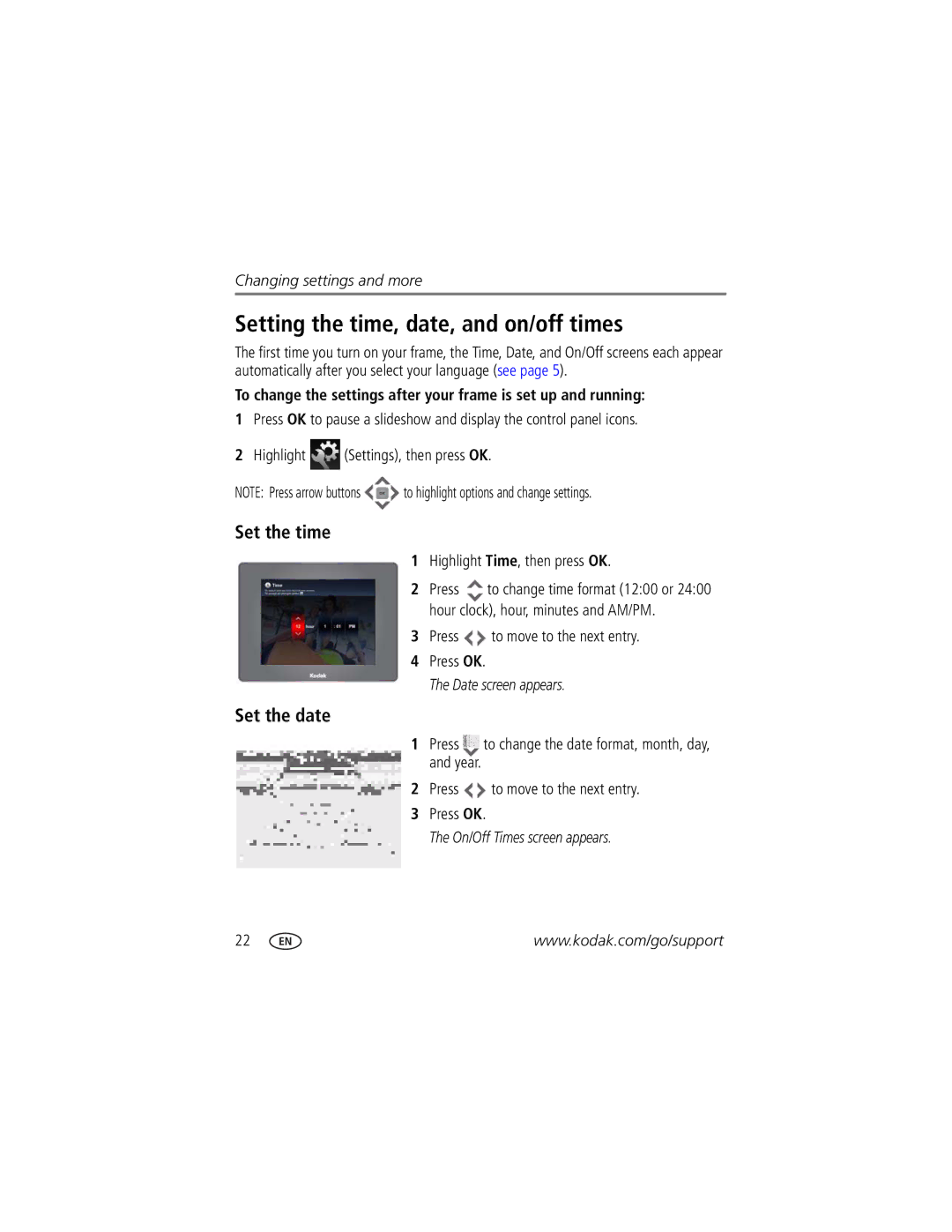 Kodak P750 manual Set the time, Set the date, Highlight Time, then press OK, Press to move to the next entry Press OK 