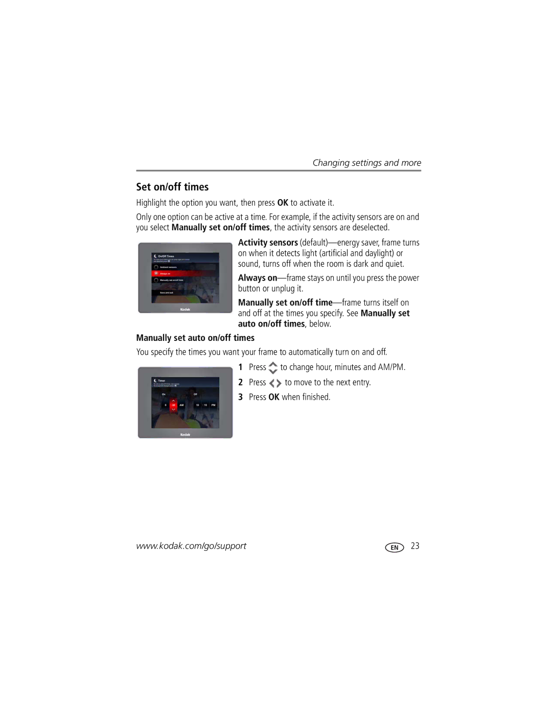 Kodak P750 manual Set on/off times, Highlight the option you want, then press OK to activate it 