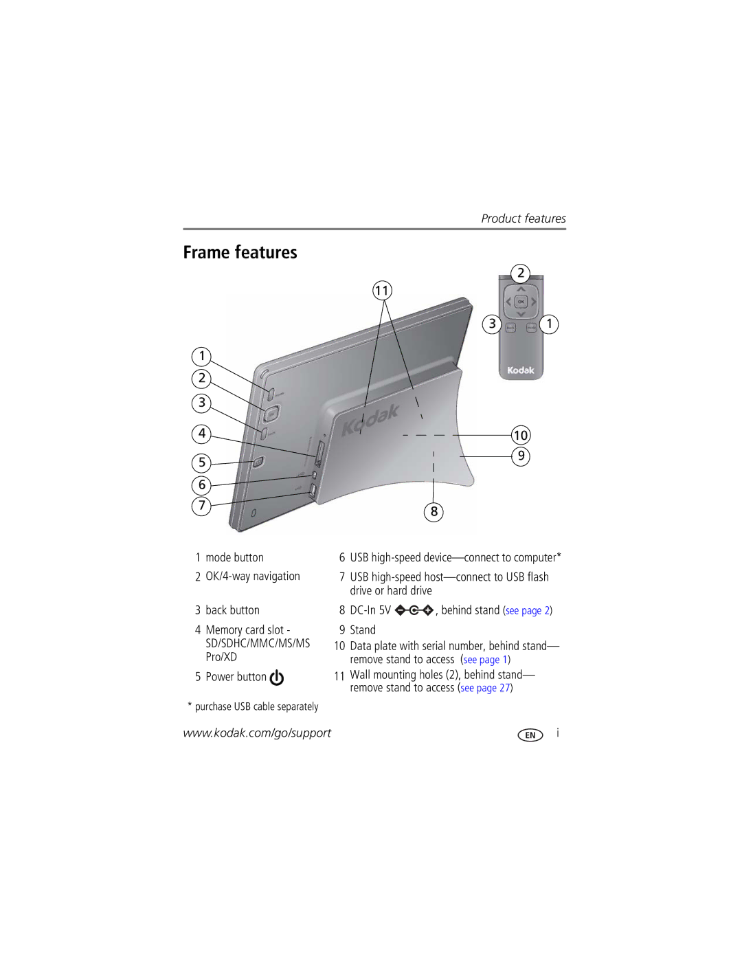 Kodak P750 manual Frame features, Mode button OK/4-way navigation Back button, Power button 