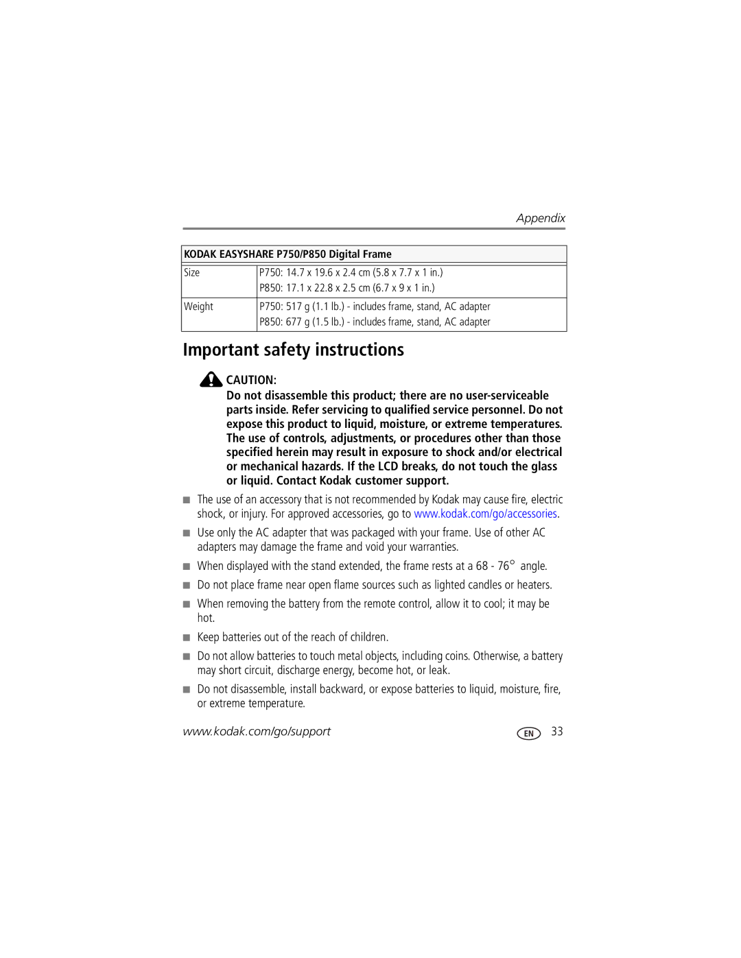 Kodak manual Important safety instructions, Kodak Easyshare P750/P850 Digital Frame 