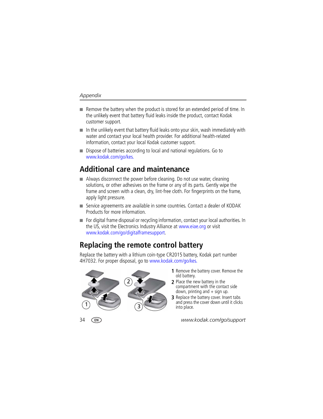 Kodak P750 manual Additional care and maintenance, Replacing the remote control battery 