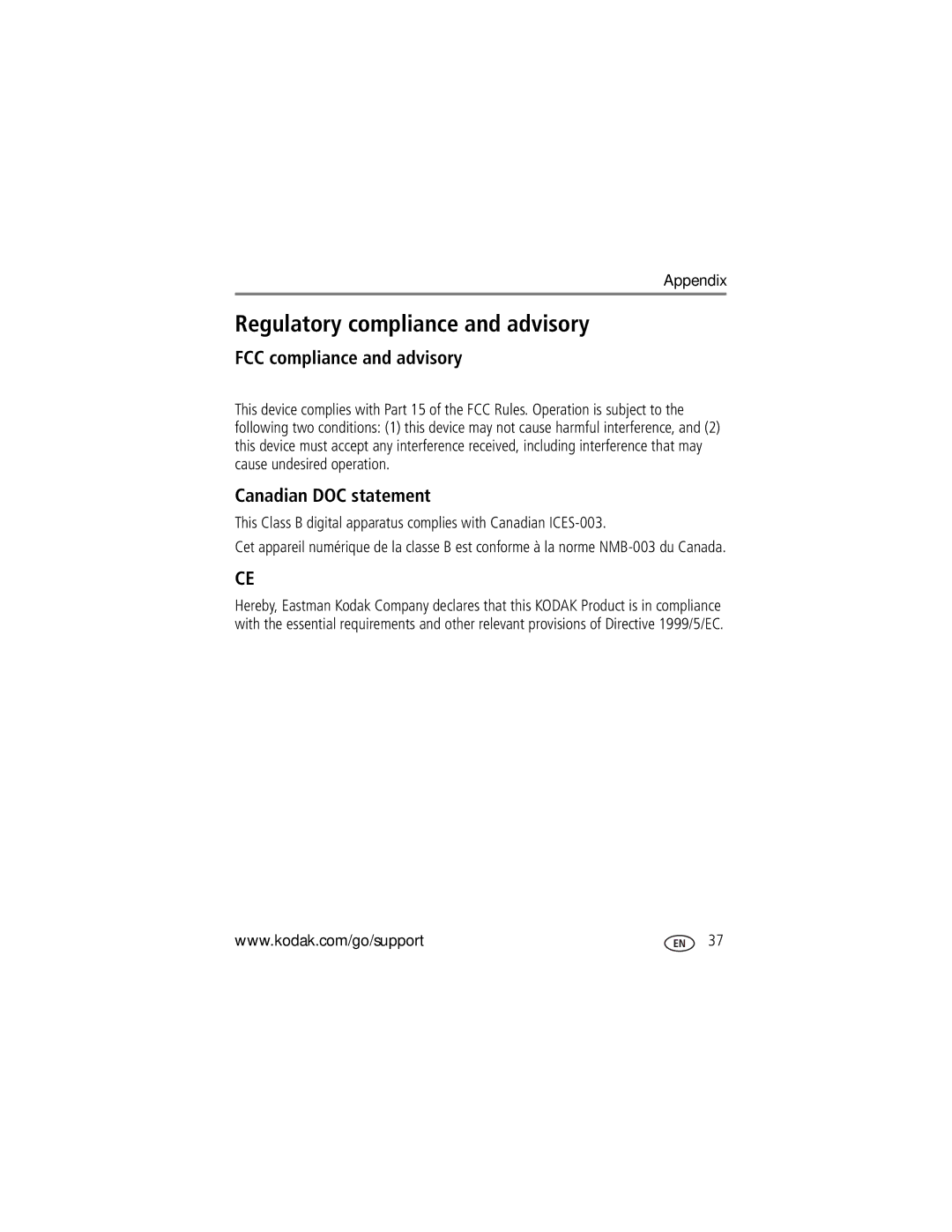 Kodak P750 manual Regulatory compliance and advisory, FCC compliance and advisory, Canadian DOC statement 