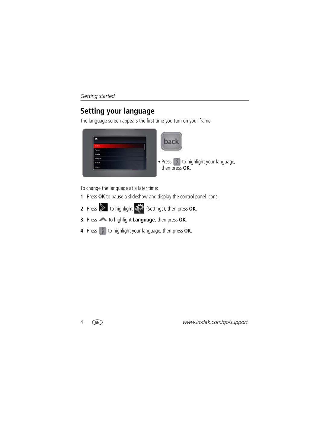 Kodak P76 manual Setting your language 