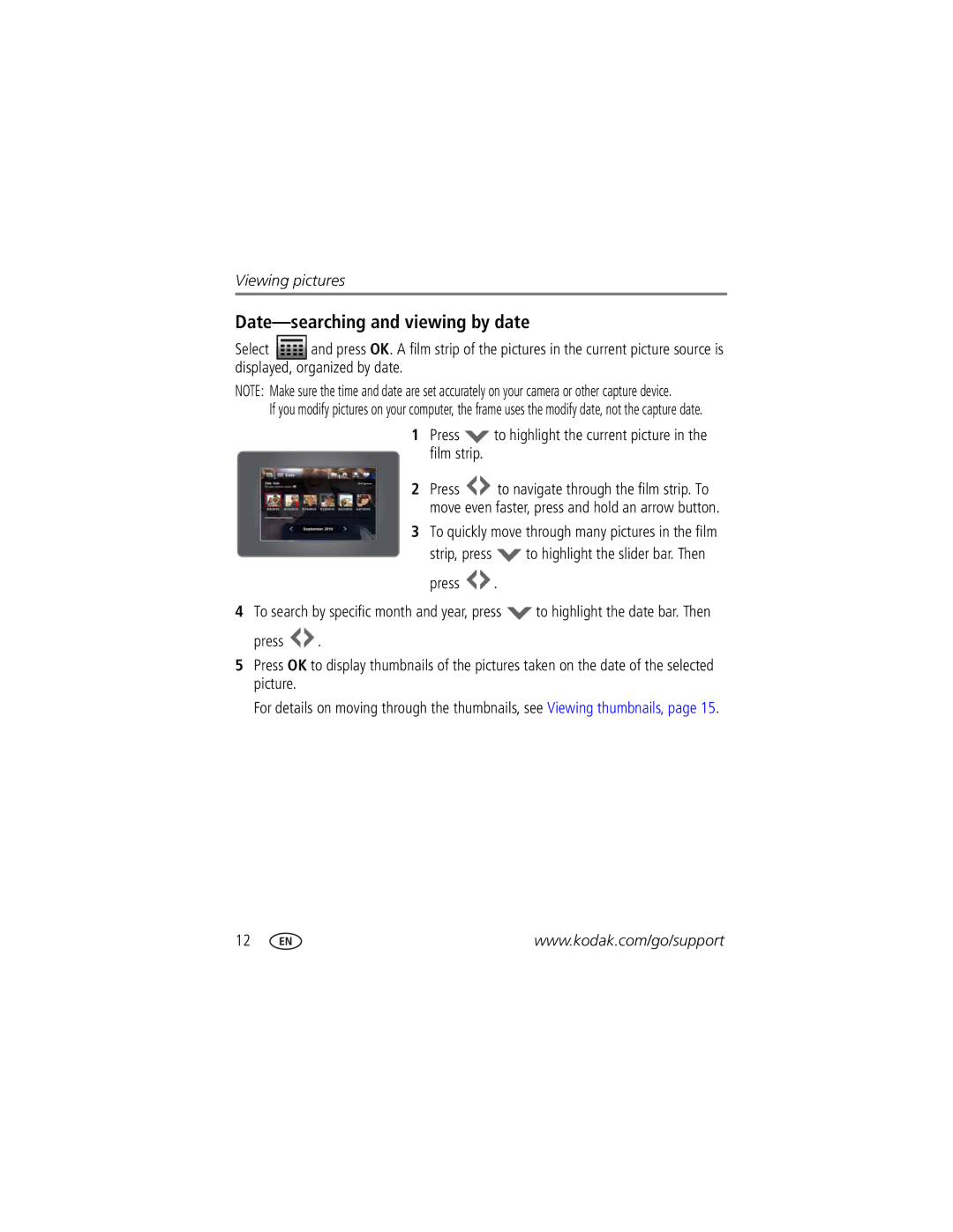 Kodak P76 manual Date-searching and viewing by date, Press to highlight the current picture in the film strip 