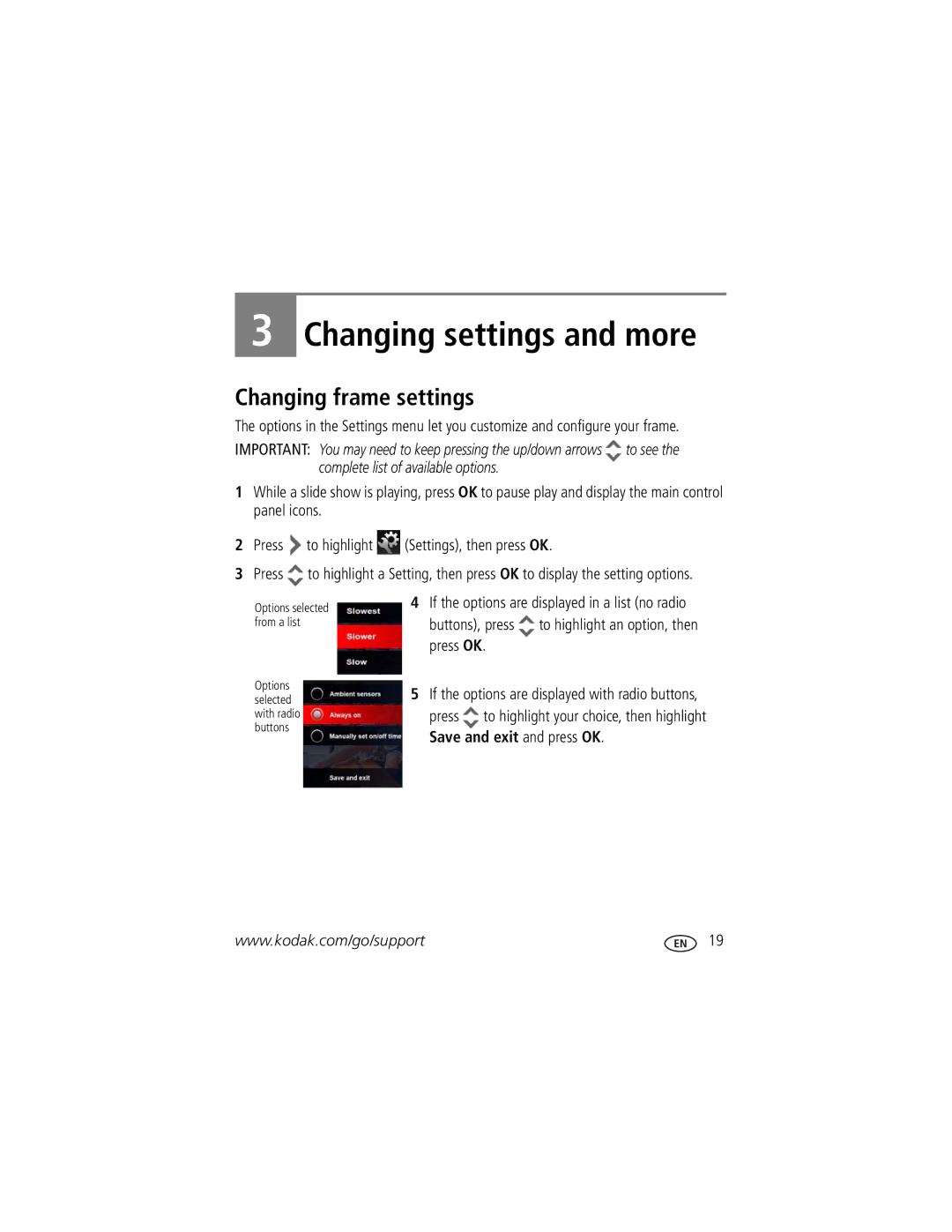 Kodak P76 manual Changing settings and more, Changing frame settings 