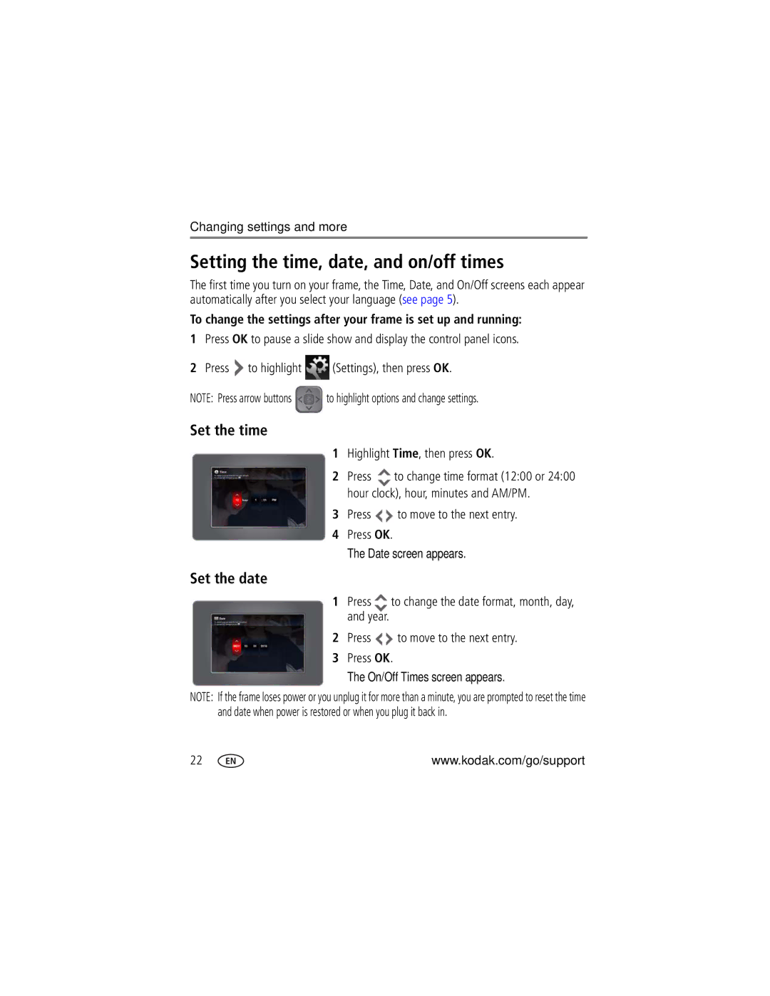 Kodak P76 manual Set the time, Set the date, Highlight Time, then press OK, Press to move to the next entry Press OK 