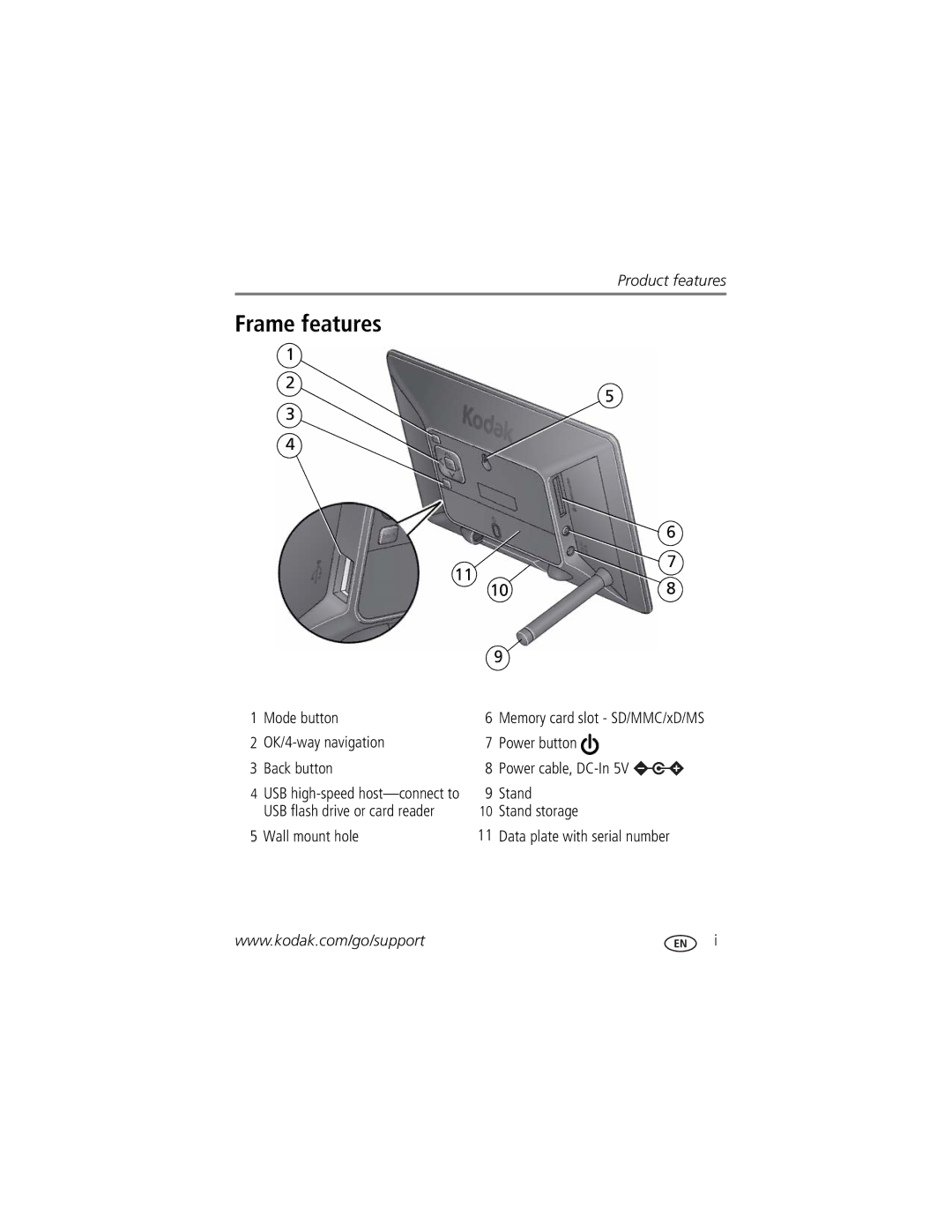 Kodak P76 Frame features, Mode button, OK/4-way navigation Power button Back button, Stand storage Wall mount hole 