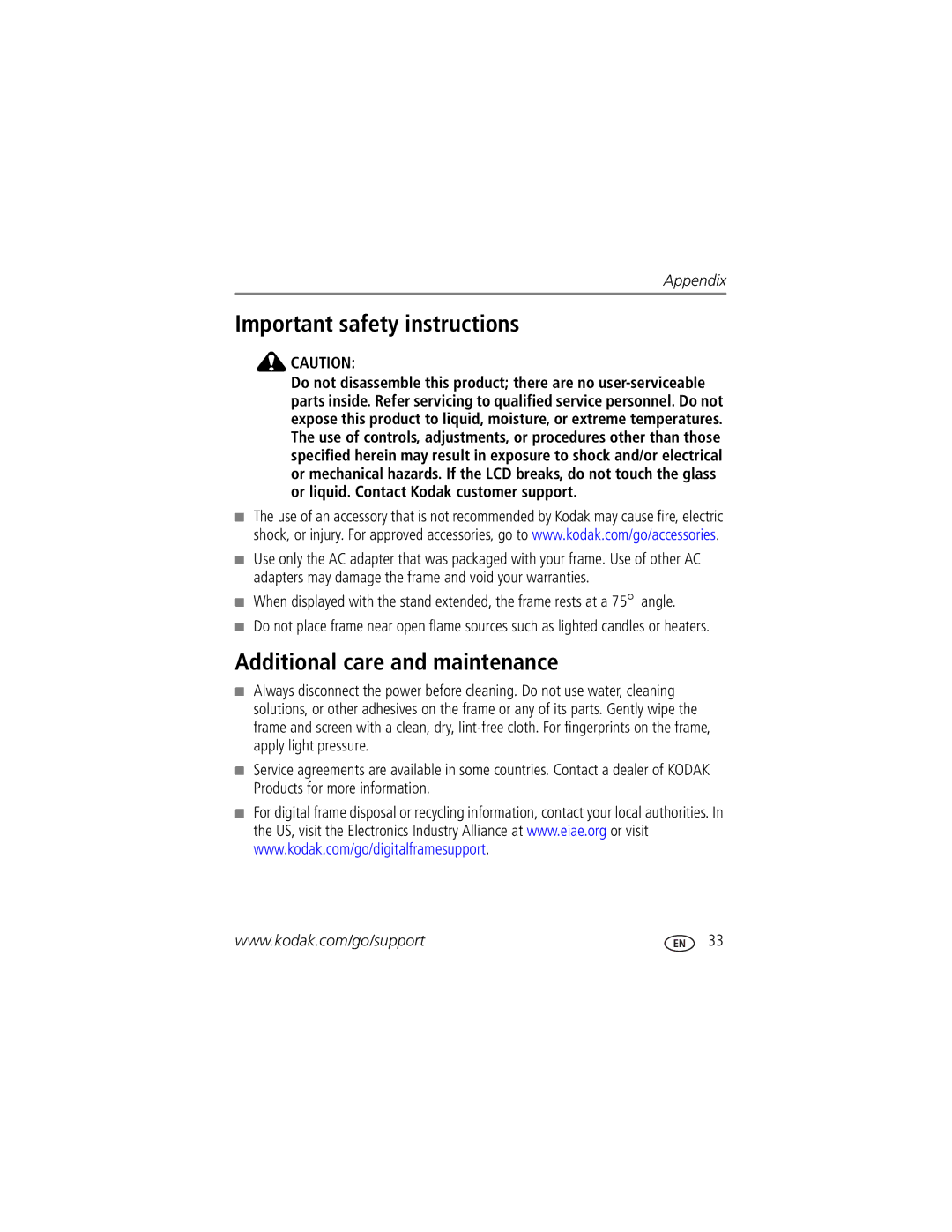 Kodak P76 manual Important safety instructions, Additional care and maintenance 