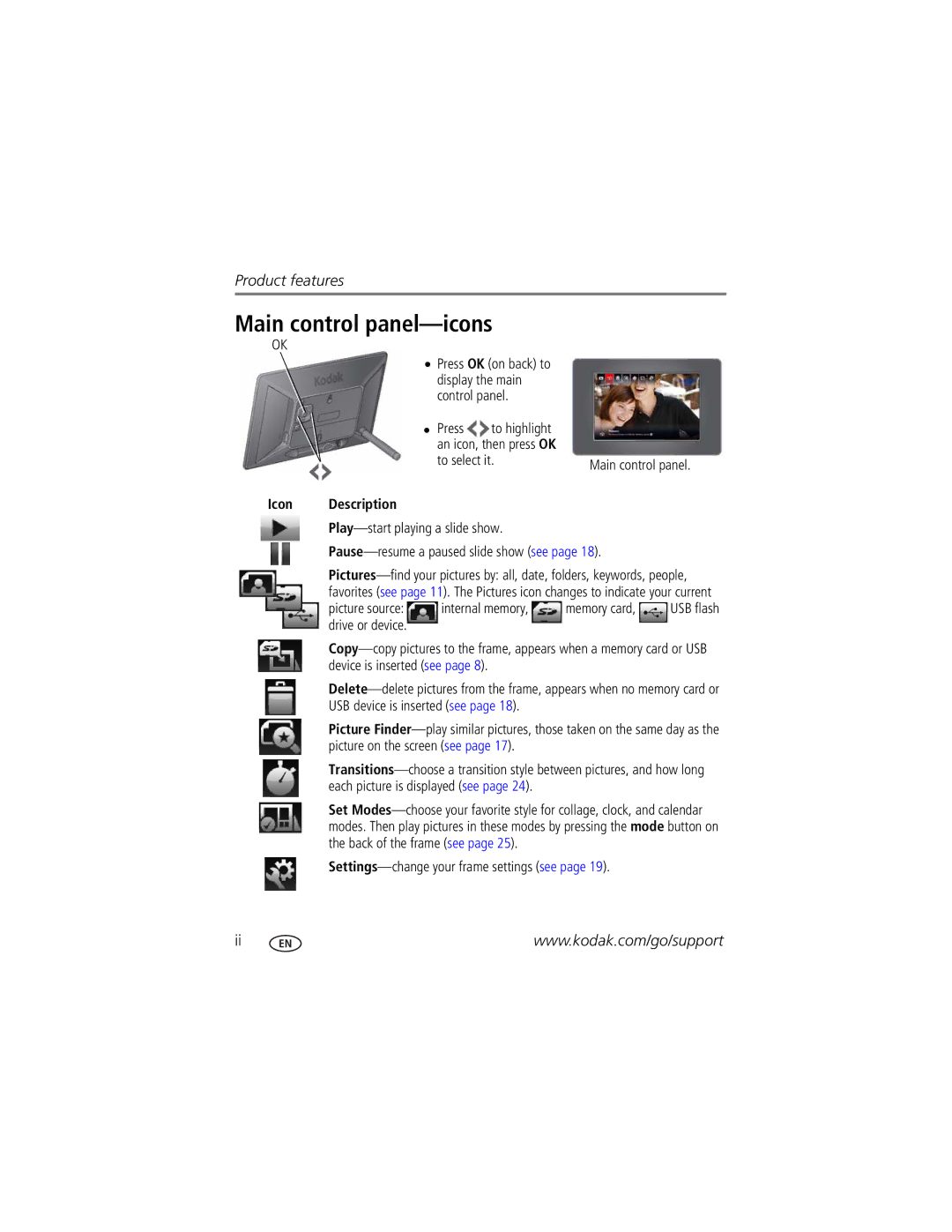 Kodak P76 manual Main control panel-icons, Icon Description 