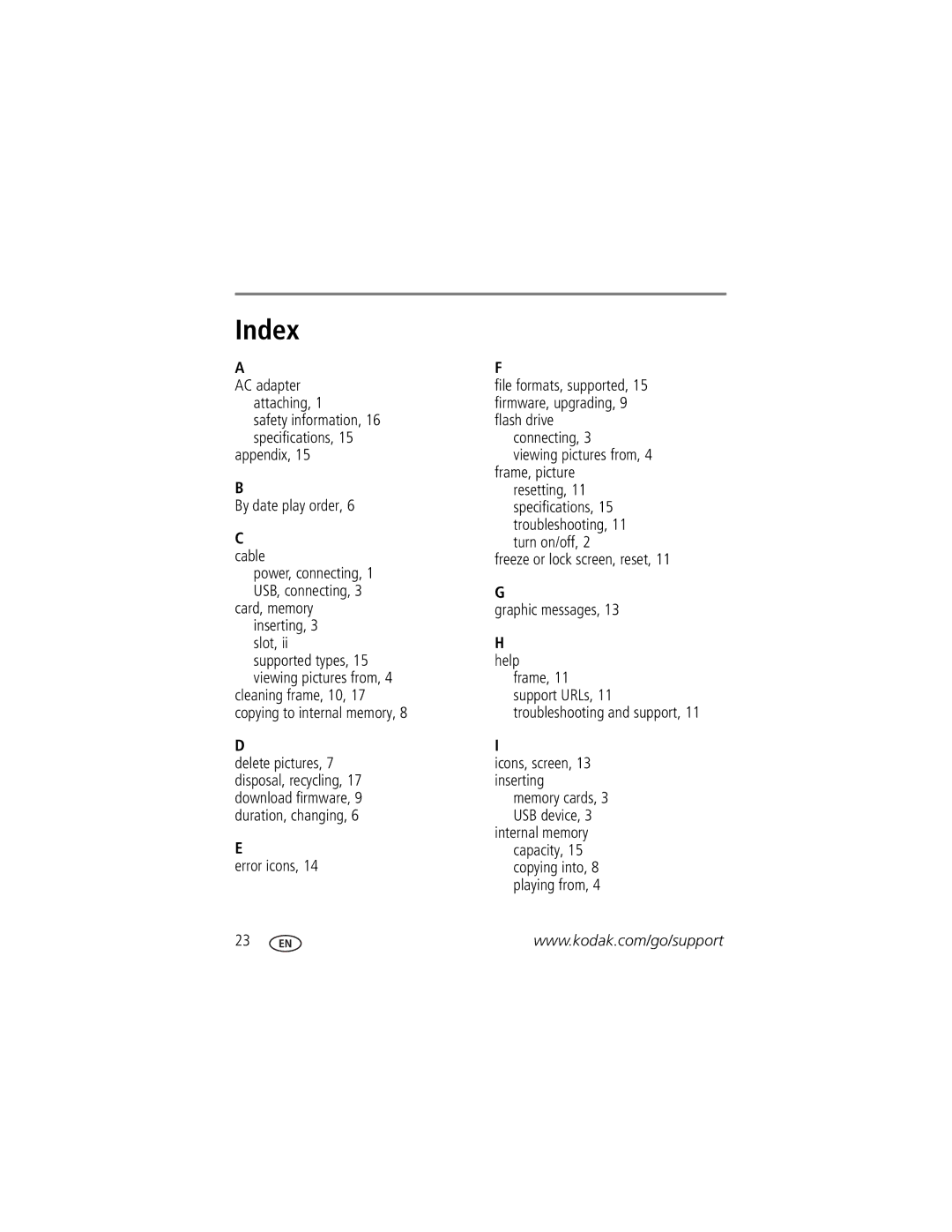 Kodak P825 manual Index 