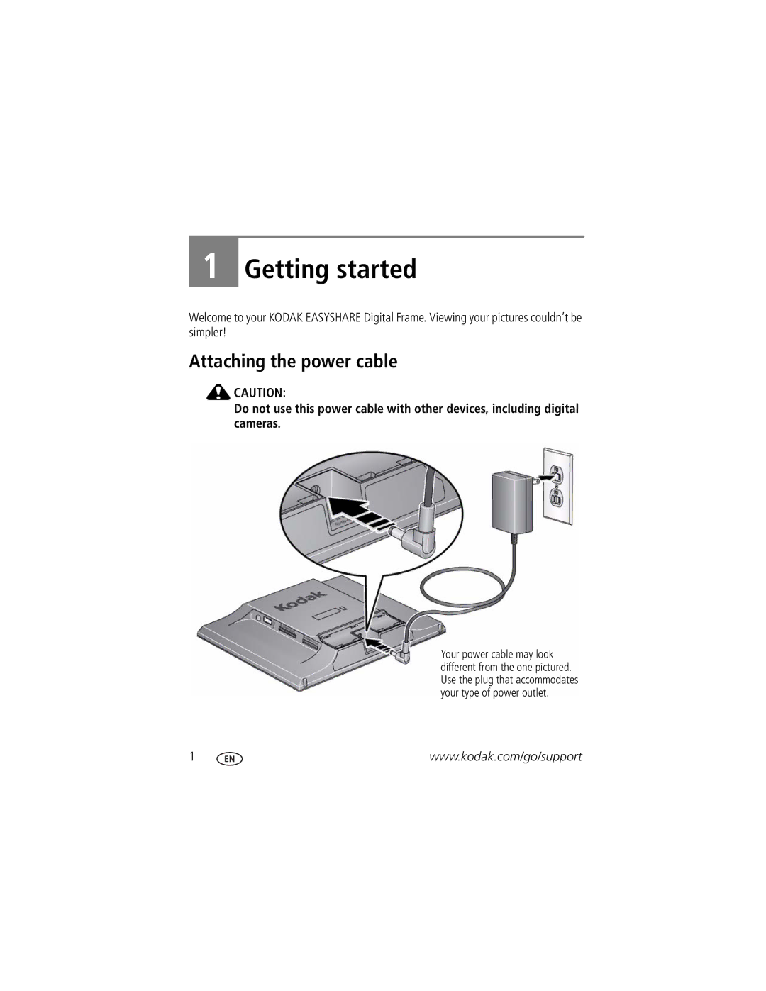 Kodak P825 manual Getting started, Attaching the power cable 